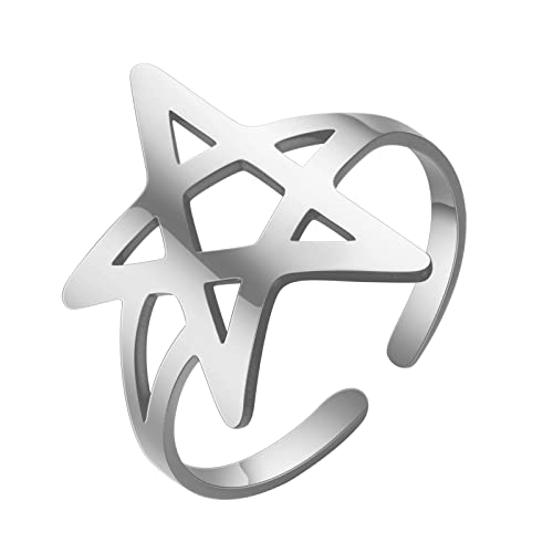 TEAMER Bague Pentagramme Réglable Pendentif Pentacle en Acier Inoxydable Bijoux Wiccan Amulette Pour Femmes Hommes (Argent)