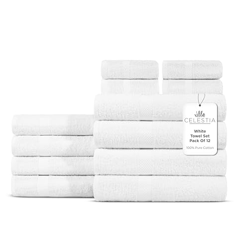 Image of Villa Celestia 12-Piece 100% Cotton Towel Set, 4 Bath Towels, 4 Hand Towels, 4 Wash Cloth, Quick-Dry, White