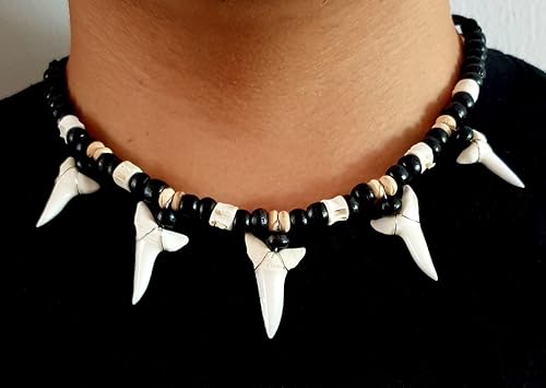 5! Genuine Shark Teeth Necklace for Men, Mako Shark Tooth Necklace, Handmade Wooden Beads Adjustable Cords Shark Tooth Necklace for Women Jewelry GA3782
