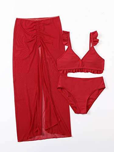 WDIRARA Girl's 3 Pieces Ruffle Trim Bikini Swimsuit with Split Beach Skirt4