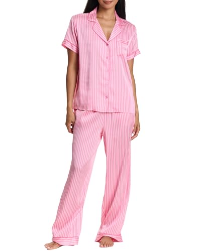 bebe Women's Silky Satin Bridesmaid Pajama Set – Button Down Short Sleeve Sleepwear in Luxe Patterns