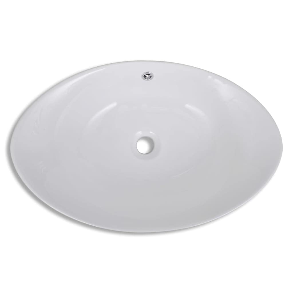 Fregadero ovalado de cerámica para baño, de alto brillo, ovalado, con rebosadero, elegante, ovalado, con orificio de rebosadero, cerámica, ovalado, 59 x 38,5 cm