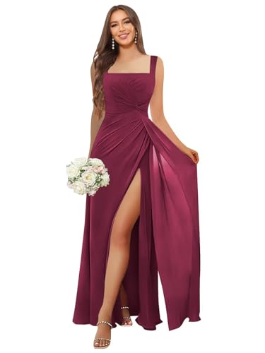 Image of HANVAIOS Square Neck Bridesmaid Dresses Long Chiffon Formal Maxi Dress with Slit