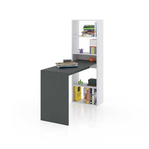 duehome | Escritorio Juvenil con Estanteria Reversible, Mesa de Ordenador, Modelo Cosmic, Acabado en Blanco Artik y Gris Antracita, Medidas: 120 cm (Largo) x 53 cm (Ancho) x 144 cm (Alto)