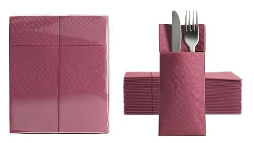 Aroba 50 Soft Point Besteckservietten weiches Material, Volumen & Struktur | fertig gefaltete Servietten mit Schlitz | 32x38 cm 1/8 Falz Bestecktasche |gute Qualität Rot Burgund