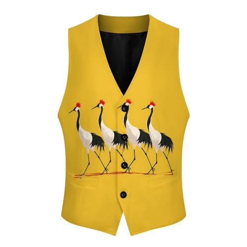 Japanese Red Crowness Crane Print Men's Suit Vests Business Formal Dress V-Neck Waistcoat Tops with 2 Pockets4