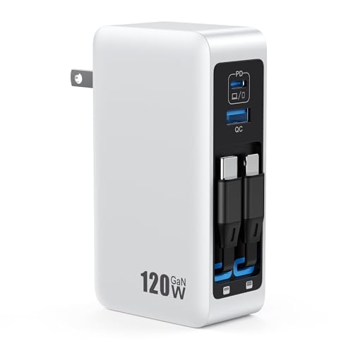 120W USB C Charger Block with 2 Built-in Retractable Cables,4-in-1 GaN IV Foldable Plug Wall Charger Fast Charging Station,PD 65W Laptop Adapter for MacBook/iPad,iPhone 17/16/15/14,Galaxy,Android etc