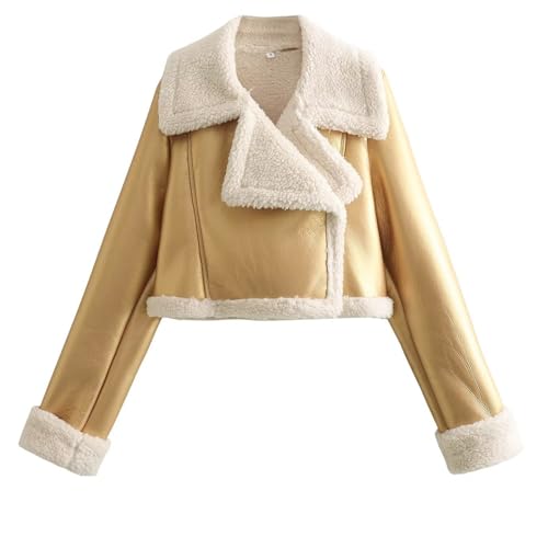 Women Leather Jacket Faux Fur Moto Jacket Thicken Fleece Lined Parka Winter Shearling Fluffy Coat Cropped Bomber Jacket