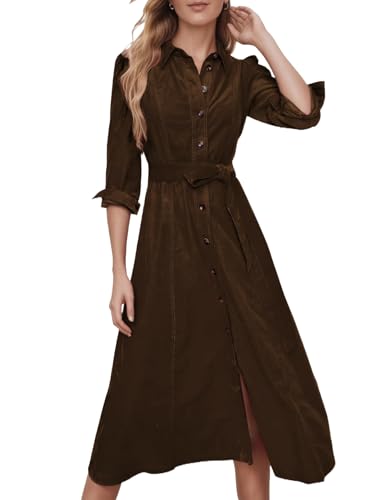 YEXPINE Damen Cord Maxikleid Langarm Cord Button Down Herbst Shirt Langes Kleid mit Gürtel, Kaffee, Groß