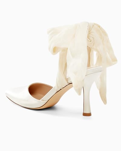 Image of Womens Lace up Satin Heels Bow Pointed Closed Toe Bridal Dress Shoes Low Heel Wedding Elegant Pumps