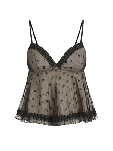 SOLY HUX Women's Y2k Lace Mesh Cami Tops V Neck Spaghetti Strap Ruffle Hem Peplum Camisole Tops