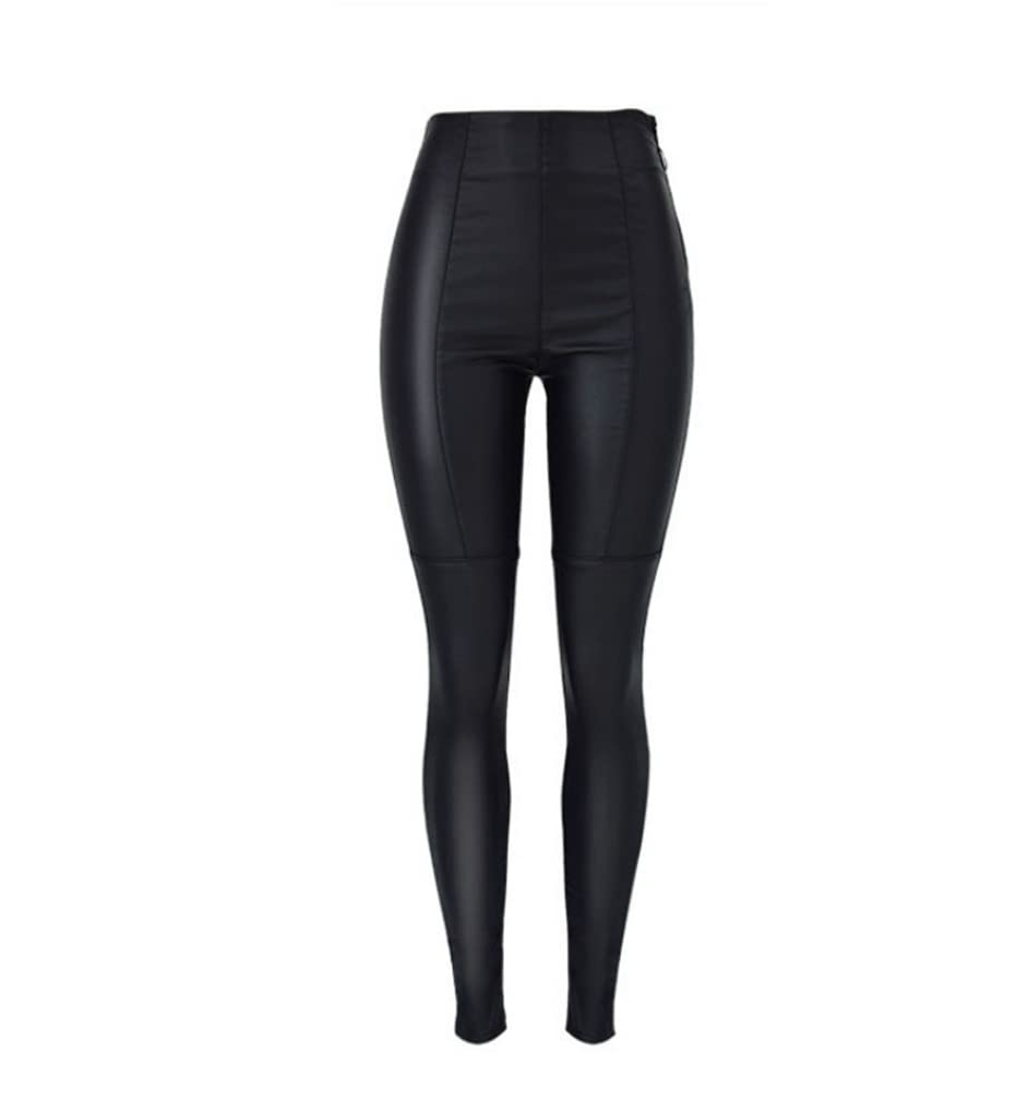 Dninmim Pantalon taille haute élastique en cuir synthétique noir avec fermeture éclair latérale pour femme, Noir , L