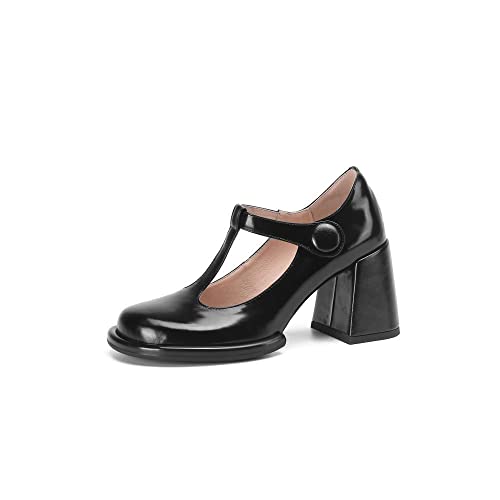 TinaCus Handmade Genuine Leather Retro Round Toe T-Strap Platform High Block Heel Mary Jane Pumps