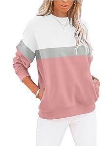 Cuptacc Sweat Femme sans Capuche Farbblock T-Shirts à Manches Longues Femme Poches Col Rond Loose Top Femme Rose M