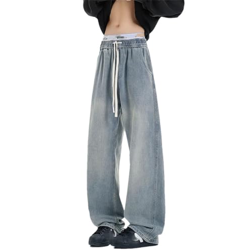 Men's Washed Jeans Pants Unisex Drawstring Denim Pants Male Streetwear Korean Loose Trousers Jeans
