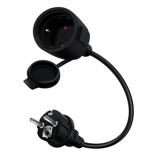 HuaLiSiJi Schuko Verl&auml;ngerung Kurz Schwarz 16A /250V Schuko Verl&auml;ngerungskabel Kurz Schutzkontakt Verl&auml;ngerungskabel, IP44 Kabel f&uuml;r Au&szlig;en Oder Innenbereich, Zuhause, B&uuml;ro (Schwarz, 0.5m)
