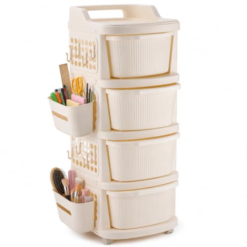 Image of Homeor 4 Tier Plastic Storage Drawer Cabinet with Wheels, Modular Chest of Drawers Organizer with Side Basket & Handle, Storage Trolley Rack for Home, Kitchen, Bedroom, Kids Room (Ivory)