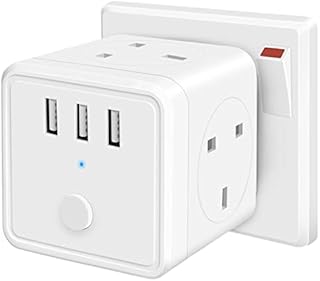 Plug Adapter UK, 3 Way Multi Plug Extension with 3 USB Ports, Plug Wall Socket Adaptor Cube with Switch, Cable-Free Compact Space Saving Travel Power Extender for Home, Office, Kitchen