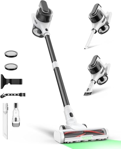 Maircle Akku Staubsauger, 30000Pa/55 Min Akkustaubsauger mit Selbststehende, Leichter Stabstaubsauger kabellos wiederaufladbar mit grünem Licht, Ideal für Hartböden, Teppiche, Tierhaare (Weiß)