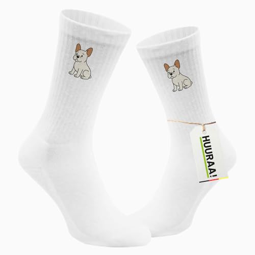 Huuraa Unisex Socken Französische Bulldogge Frenchie Comic 42/46 White Baumwolle Tennissocken Geschenkidee