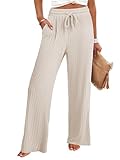 ANRABESS Womens Ribbed Knit Lounge Pajama Pants Soft Fuzzy Comfy Straight Leg Drawstring Fall Loose Pj Bottoms with Pockets Light Khaki Small