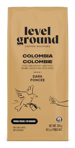 Level Ground Coffee - Colombie Origine unique - Rôti foncé, haricots entiers - Commerce équitable, Kosher - Café spécialisé - Grande dans un Drip Brew, Presse française, Pour Over - Goûts gras, riches, intenses - 300g / 10.5oz