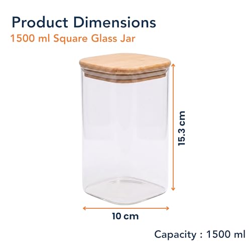 Image of 1500ML Airtight Square Glass Storage Jar with Bamboo Lid & Silicone Seal, Borosilicate Container for Rice, Dal & Dry Fruits | Transparent Stackable Multipurpose Pantry Organizer (Pack of 2)