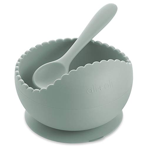 Image of Ali+Oli Silicone Suction Bowl and Spoon Set (Mint, Wavy) - Unbreakable Suction Bowls for Baby 6 Months and Up, Self Feeding Baby Utensils, First Stage Baby Feeding Supplies