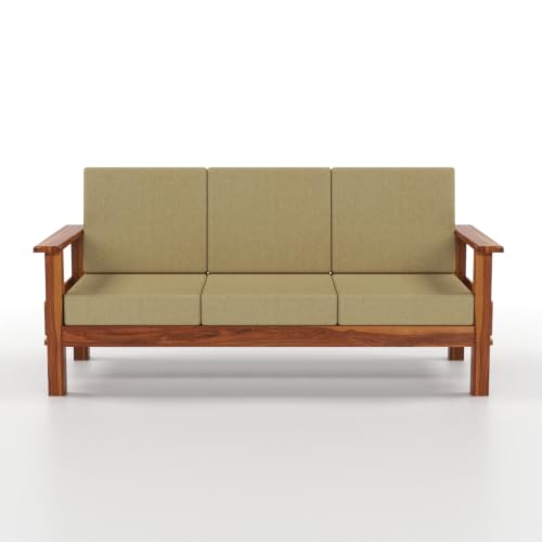Image of Solid Sheesham Wood 6 Seater Sofa | Premium Handmade Wooden Sofa with Upholstered Cushioned Seat & Backrest | Modern Carved Couch for Living Room, Bedroom, Office, Reception & Lounge