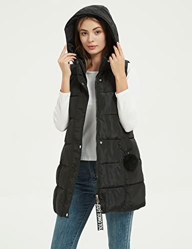 Gihuo Women's Long Puffer Vest Winter Quilted Hooded Long Vest (Medium, Black) #TOP2