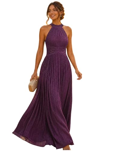 Ever-Pretty Women's Elegant Halter Formal Dresses Evening Gowns Pleated Glitter Floor Length Wedding Guest Dress Purple Wisteria US8