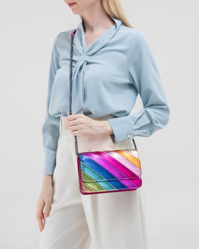 Image of Rejolly Rainbow Stripe Crossbody Shoulder Bag for Women Color Blocking PU Leather Colourful Purse with Chain Strap | PU Leather, with Chain Strap
