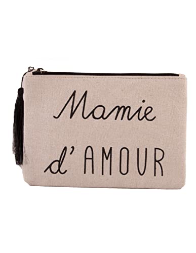 Pochette cadeaux trousse maquillage écriture noir" Mamie d'amour" ou" Maman ." en toile fermeture zip & pompon tissuTaille unique Cover