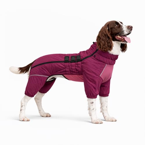 Warmer Hundemantel, doppellagige Hundeweste, Vier Beine bedeckt, Winddicht, wasserdicht, reflektierende warme Hundeweste, Outdoor-Schlittschuhkostüm für kleine, mittlere und große Hunde. Purple L