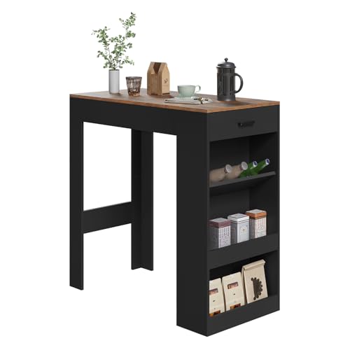 WOLTU Bartisch Stehtisch mit 1 Schublade & 3 Ablagen Küchentisch mit Weinregal Bistrotisch für Bar Küche Wohnzimmer Esszimmer (Mit Brett Rustikales Braun + Schwarz 100 x 50 x 100 cm)