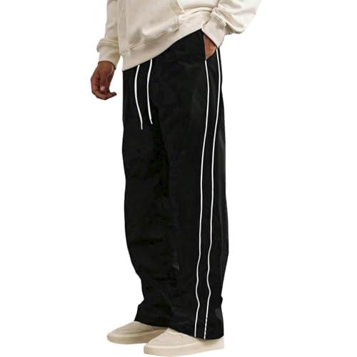 Track Pants Men Side Striped Drawstring Elastic Waist Outdoor Athletic Pants Baggy Wide Leg Sweatpants with Pockets