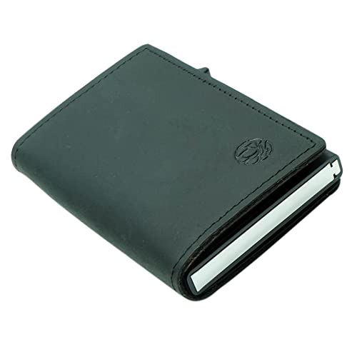 Slim Aluminum & Genuine Leather Card Holder with Magnetic Closure – RFID Blocking Wallet with Built-in Air Tag Pocket – Holds 1-6 Cards & Cash – Minimalist Men’s Wallet Gift Box Included (Black)