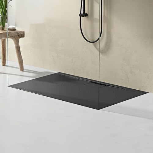 doporro Duschtasse Duschwanne 70x120x3 flach Mineralguss in Anthrazit DIN-Anschlüsse für bodengleiche Montage geeignet Geoma07