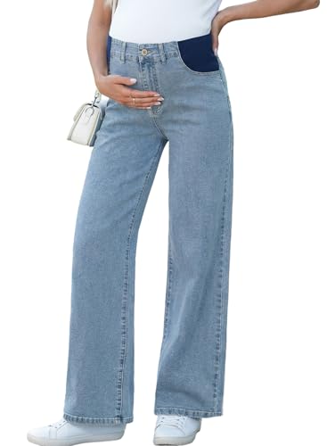 BLENCOT Pregnancy Jeans for Women Maternity Wide Leg Pants High Waisted Trendy Loose Casual Denim Postpartum Outfits with Pockets Sky Blue XX-Large