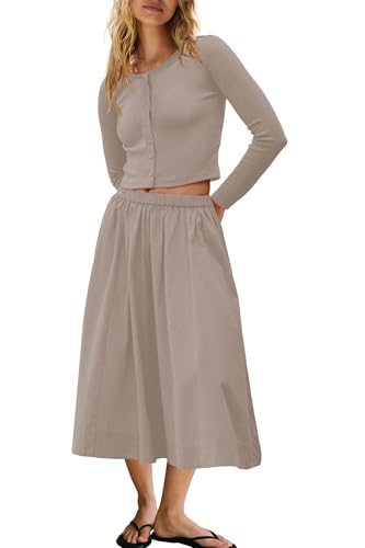 Image of Panadila Womens 2 Piece Lounge Sets Matching Vacation Outfits Ribbed Button Down Cardigan and Elastic Waist Skirt Sets
