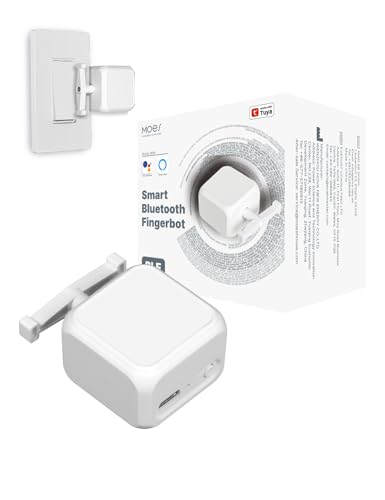 MOES Rock Switch Fingerbot, smart Bluetooth device for home automation, with packaging and installation detail, featured in guide to smart appliances for modern homes.