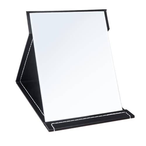 DVHOK Espejo de maquillaje portátil, espejo de tocador de cuero PU, espejo de escritorio plegable de viaje con soporte ajustable, negro, extra grande