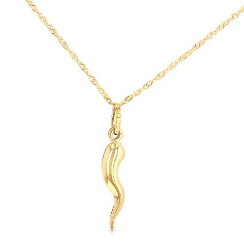 14K Yellow Gold Cornicello Italian Horn Necklace Good Luck Charm Pendant with 1.2mm Singapore Chain
