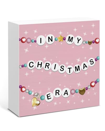 Image of Pink Christmas Decor, in My Christmas Era Wood Box Sign, Seasonal Xmas Holiday Home Office Decorations for Desk Table Shelf 5 X 5 Inches