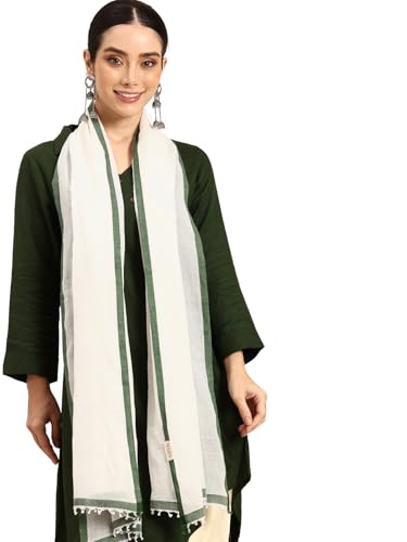 ASVA Handwoven Off-White Cotton Scarf with Green Border and Selvedge, Elegant Christmas Collection Accessory for Women
