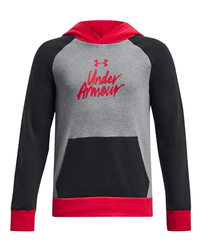 Under Armour Boys' UA Rival Fleece Script Blocked Hoodie (US, Alpha, X-Large, Regular, Red/Black/Grey)