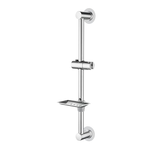 Ibergrif M20802-1 Barra de Ducha, Universal Barra Ducha Pared con Jabonera y Soporte de Alcachofa de Ducha, Instalación sin Clavos, Acero Inoxidable, 620 mm, Plata