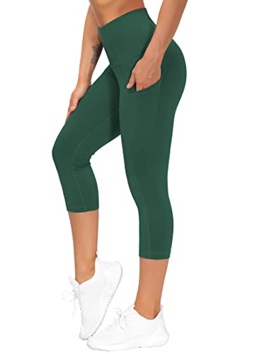 Image of THE GYM PEOPLE Thick High Waist Capris Yoga Pants with Pockets, Tummy Control Workout Running Yoga Leggings for Women