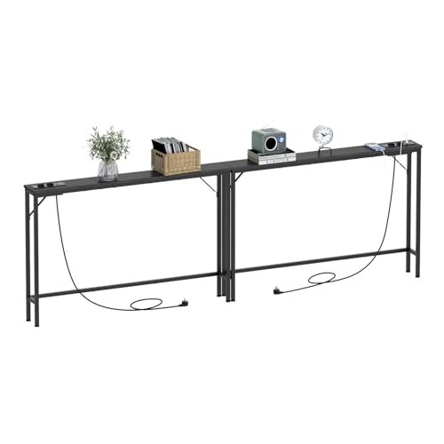 VEDECASA - Mesa consola de 15 cm con estación de carga, diseño industrial, mesa auxiliar moderna con estructura de acero estable, para salón, pasillo, oficina (marrón vintage, 240 x 15 x 80 cm)