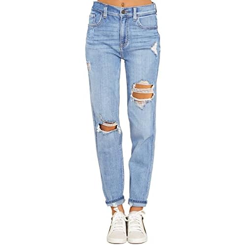 luvamia Boyfriend Jeans for Women Stretch High Waisted Ripped Distressed Mom Jeans Slim Denim Pants Large A Nightfall Blue